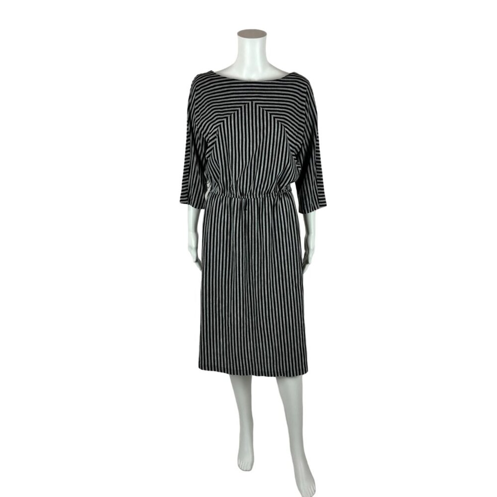 Vintage 80s Striped Dress Women's Medium Black White Slouchy Batwing Sleeves - Picture 2 of 10